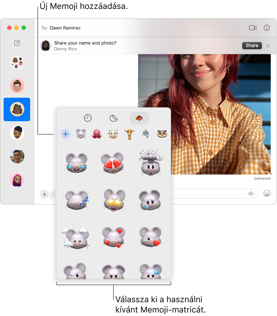 Az Üzenetek ablaka, bal oldalán, az oldalsávon egy több beszélgetést tartalmazó lista, és a jobb oldalon egy átirat látható. Amikor az Appok gombról a Memoji-matricák lehetőséget választja, választhat Memoji-matricát, illetve létrehozhat új Memojit.