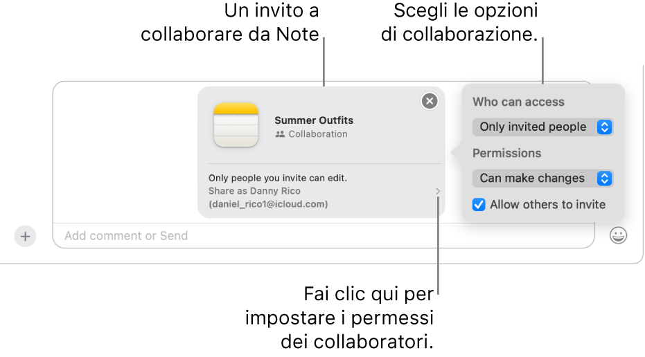 Un primo piano del campo del messaggio di testo nella parte inferiore della conversazione di Messaggi. È presente un invito a collaborare a una nota. Puoi fare clic sul lato destro dell’invito per impostare i permessi di collaborazione.