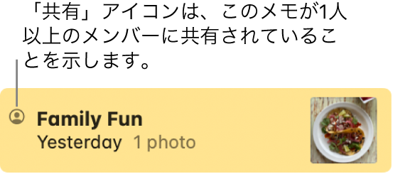 「メッセージ」のチャットでほかの人と共有していたメモ。メモの名前の左に共有アイコンが表示されています。