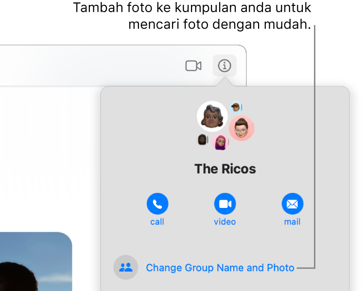 Paparan Info perbualan kumpulan, yang kelihatan selepas anda mengklik butang Info dalam perbualan, menunjukkan ikon ahli kumpulan dan nama kumpulan. Di bawah nama kumpulan ialah butang untuk membuat panggilan audio atau video FaceTime atau menghantar e-mel kepada kumpulan. Di bawahnya ialah butang untuk menukar nama dan foto kumpulan.