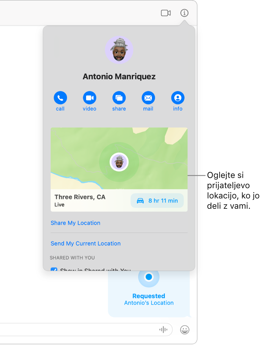 Pogled z informacijami, ki se prikaže ob kliku gumba za informacije v pogovoru, prikazuje ikono osebe, ki je delila svojo lokacijo z vami, zemljevid in naslov njene lokacije.
