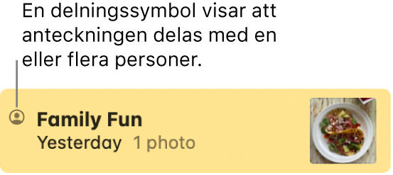 En anteckning som har delats med andra i en konversation i Meddelanden med symbolen för att den är delad till vänster om anteckningens namn.