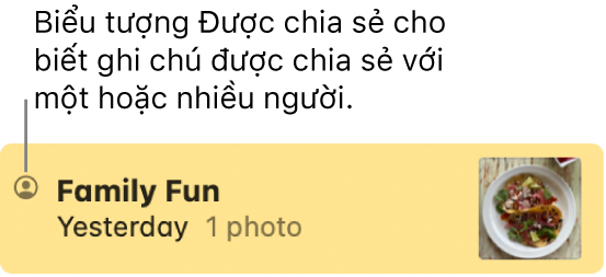 Một ghi chú đã được chia sẻ với những người khác trong một cuộc hội thoại trong Tin nhắn, với biểu tượng Được chia sẻ ở bên trái của tên ghi chú.