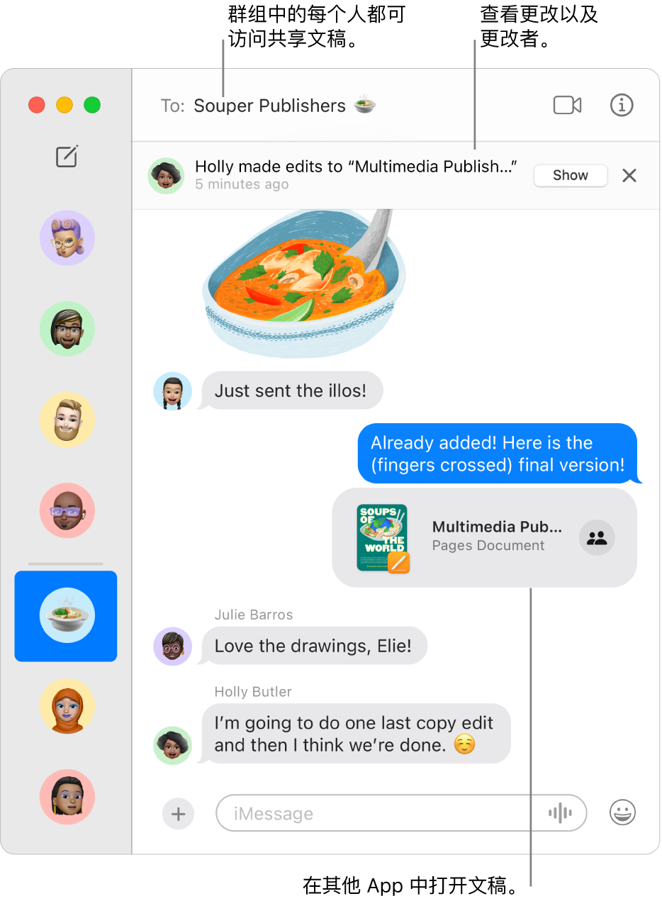 “信息”窗口中打开了一个对话，聊天记录显示在右侧。部分项目高亮标记：与群组共享的 Pages 文稿，可从聊天记录中使用 Pages 文稿打开；所有参与者可从窗口顶部的群组名称处访问共享文稿；聊天记录顶部的横幅显示进行了更改的用户。