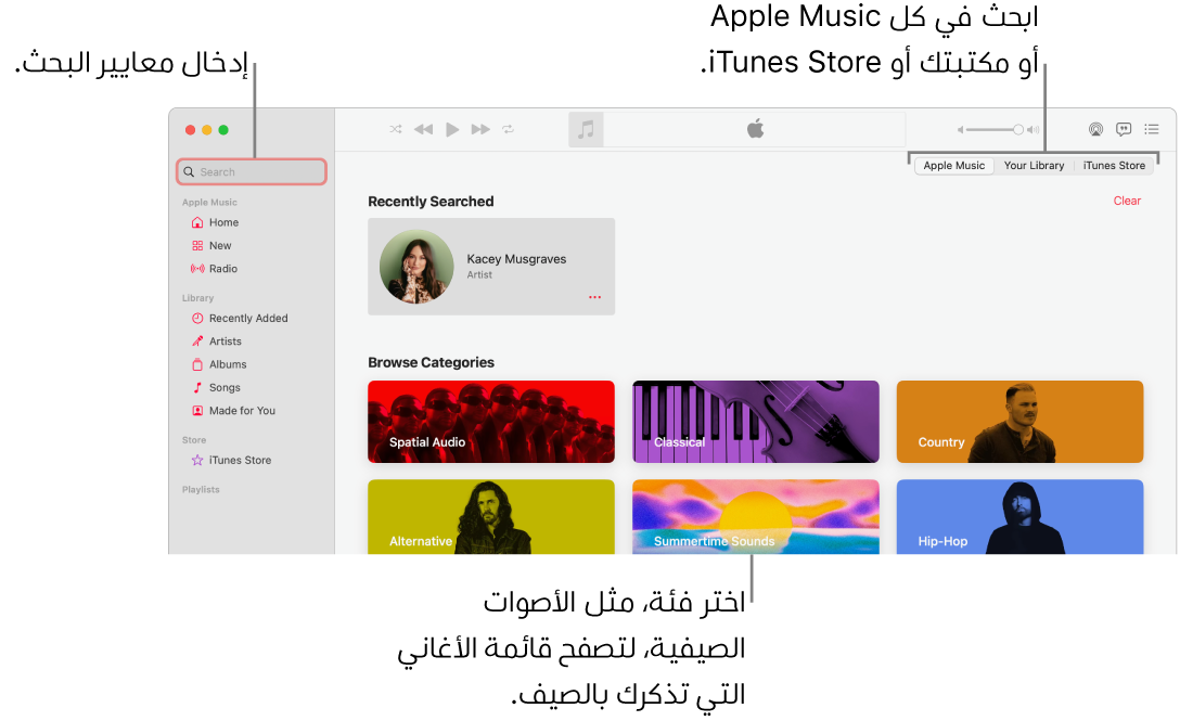 نافذة Apple Music تعرض حقل البحث في الزاوية العلوية اليمنى، وقائمة الفئات في وسط النافذة، ويوجد Apple Music ومكتبتك و iTunes Store في الزاوية العلوية اليسرى. أدخل معايير البحث في حقل البحث، ثم اختر البحث في كل Apple Music أو مكتبتك فقط أو iTunes Store.