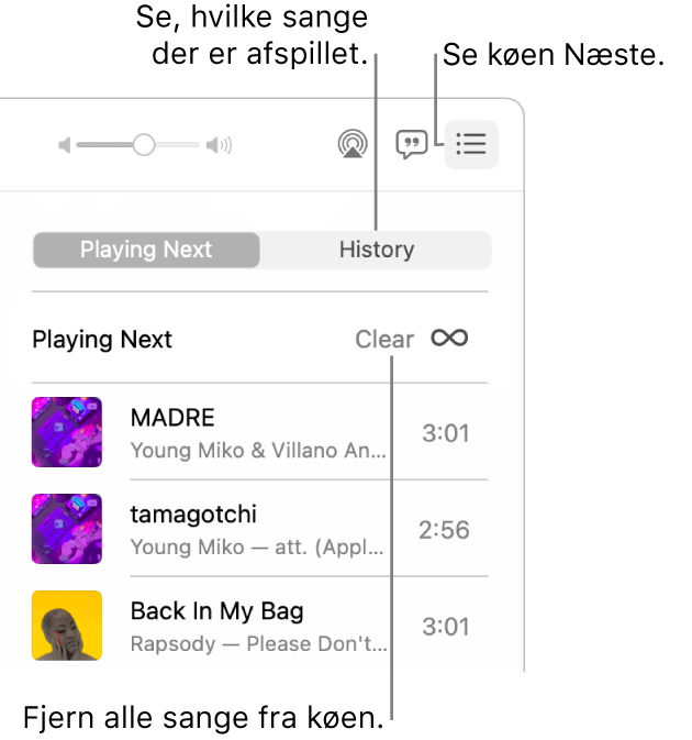 Knappen Næste øverst til højre i Apple Music er valgt, og køen kan ses. Klik på linket Historik for at vise listen over tidligere afspillede sange. Klik på linket Ryd for at fjerne alle sange fra køen.