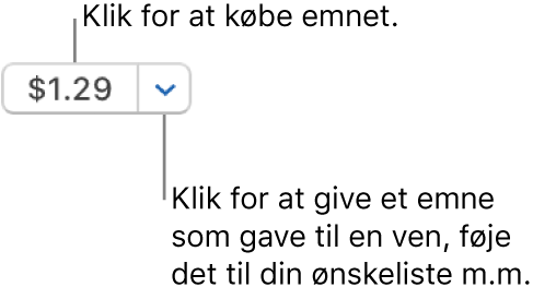 En knap, der viser en pris. Klik på prisen for at købe emnet. Klik på pilen ved siden af prisen for at give emnet som gave til en ven, føje emnet til din ønskeliste m.m.