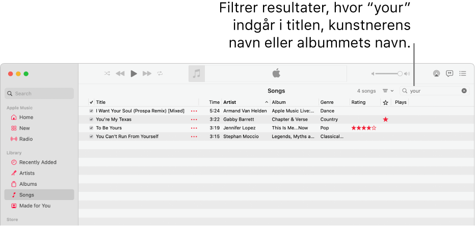 Vinduet Apple Music, der viser en liste med sange, som vises, når “your” skrives i filterfeltet i øverste højre hjørne. Sangene på listen indeholder ordet “your” i titlen, kunstnernavnet eller albumnavnet.