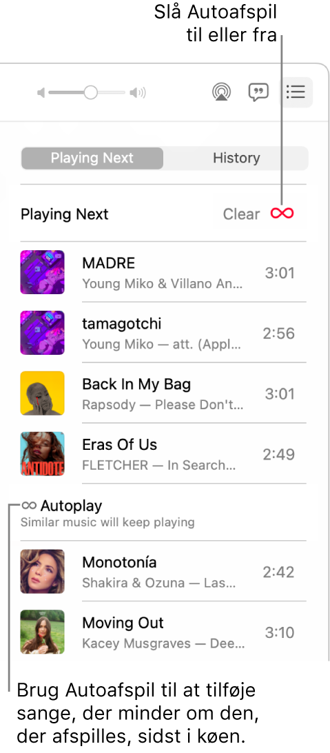 Køen Næste. Klik på knappen Autoafspil for at slå den til eller fra. Når Autoafspil er slået til, tilføjes lignende sange sidst i køen.