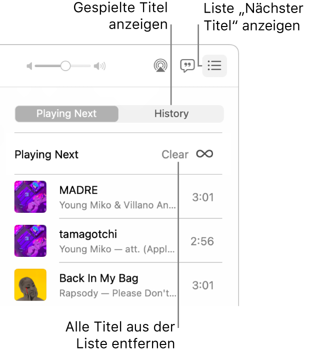 Die Taste „Nächster Titel“ oben rechts in Apple Music ist ausgewählt und die Warteliste ist sichtbar. Klicke auf den Link „Verlauf“, um die zuletzt abgespielten Titel anzuzeigen. Klicke auf den Link „Löschen“, um alle Titel aus der Liste zu entfernen.