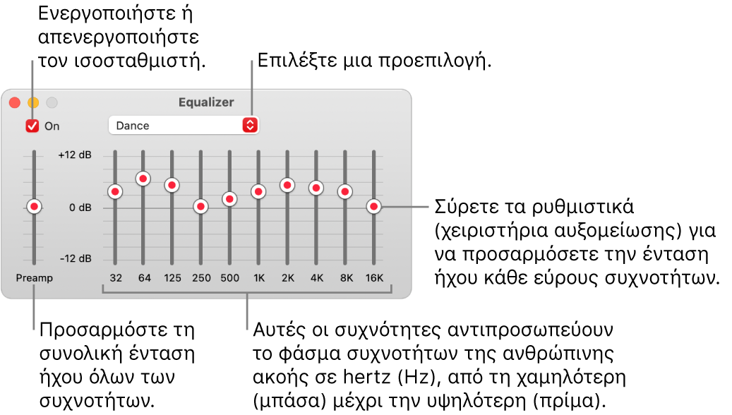 Το παράθυρο ισοσταθμιστή: Το πλαίσιο επιλογής για την ενεργοποίηση του ισοσταθμιστή Μουσικής βρίσκεται στην πάνω αριστερή γωνία. Δίπλα σε αυτό βρίσκεται το αναδυόμενο μενού με τις προεπιλογές ισοσταθμιστή. Στην τέρμα αριστερή πλευρά, προσαρμόστε τη γενική ένταση ήχου των συχνοτήτων με τον προενισχυτή. Κάτω από τις προεπιλογές ισοσταθμιστή, προσαρμόστε το επίπεδο έντασης ήχου των διαφορετικών ευρών συχνοτήτων που αντιπροσωπεύουν το εύρος της ανθρώπινης ακοής από το χαμηλότερο στο υψηλότερο.