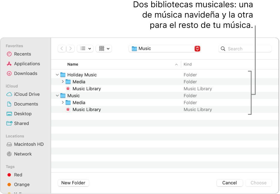 La ventana del Finder mostrando varias bibliotecas: una para música navideña y la otra para el resto de tu música.