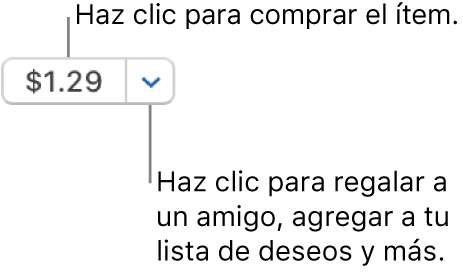 Botón que muestra un precio. Haz clic en el precio para comprar el ítem. Haz clic en la flecha que hay junto al precio para regalar el ítem a otra persona, añadir el ítem a tu lista de deseos, etc.