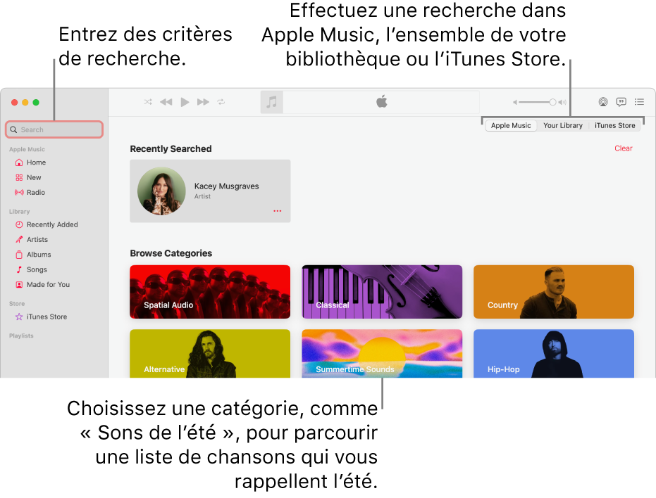 La fenêtre Apple Music, avec le champ de recherche en haut à gauche de la fenêtre, la liste de catégories au centre de la fenêtre et « Apple Music », « Votre bibliothèque » et « iTunes Store » disponibles en haut à droite de la fenêtre. Entrez des critères de recherche dans le champ de recherche, puis choisissez d’effectuer la recherche dans tout Apple Music, seulement dans votre bibliothèque ou dans l’iTunes Store.