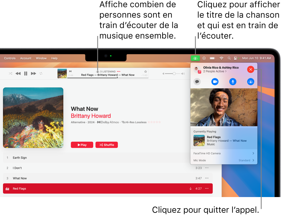 La fenêtre Apple Music avec une chanson en cours de lecture pendant l’utilisation SharePlay. La fenêtre de lecture montre le nombre de personnes qui écoutent de la musique ensemble. Sur la droite, l’icône SharePlay est cliquée, vous pouvez alors découvrir la chanson en cours de lecture et qui l’écoute. À droite, vous pouvez cliquer sur le bouton Fermer.