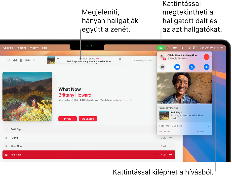 Az Apple Music ablakában egy dal van lejátszva a SharePlay használata során. A lejátszási ablak megmutatja, hogy hány ember hallgatja együtt a zenét. A jobb oldalon a felhasználó rákattint a SharePlay ikonra, amelyet követően megtekintheti, ki hallgatja, és milyen dal áll éppen lejátszás alatt. A jobb oldalon rákattinthat a Bezárás gombra.