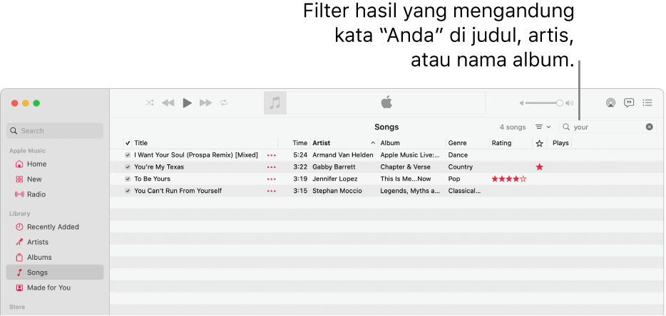 Jendela Apple Music menampilkan daftar lagu yang muncul saat “your” dimasukkan di bidang yang difilter di pojok kanan atas. Lagu dalam daftar mencakup kata “your” dalam judul, artis, atau nama albumnya.