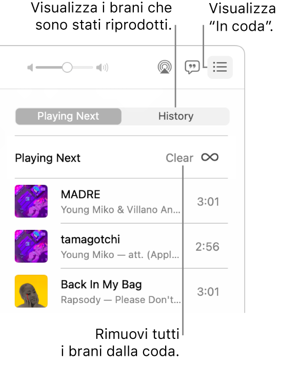 Viene selezionato il pulsante “In coda” nell'angolo superiore destro di Apple Music e diventa visibile l'elenco “In coda”. Fai clic sul link Cronologia per mostrare i brani riprodotti in precedenza. Fai clic sul link Cancella per rimuovere tutti i brani dalla coda.