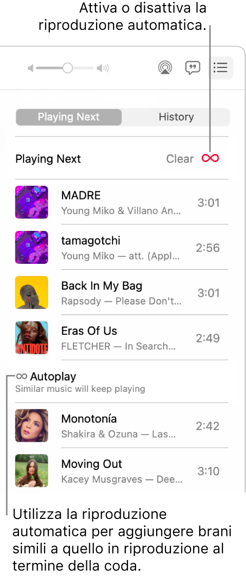 La coda “In coda”. Fai clic sul pulsante “Riproduzione automatica” per attivarla o disattivarla. Quando “Riproduzione automatica” è attiva, canzoni simili vengono aggiunte in fondo alla coda.