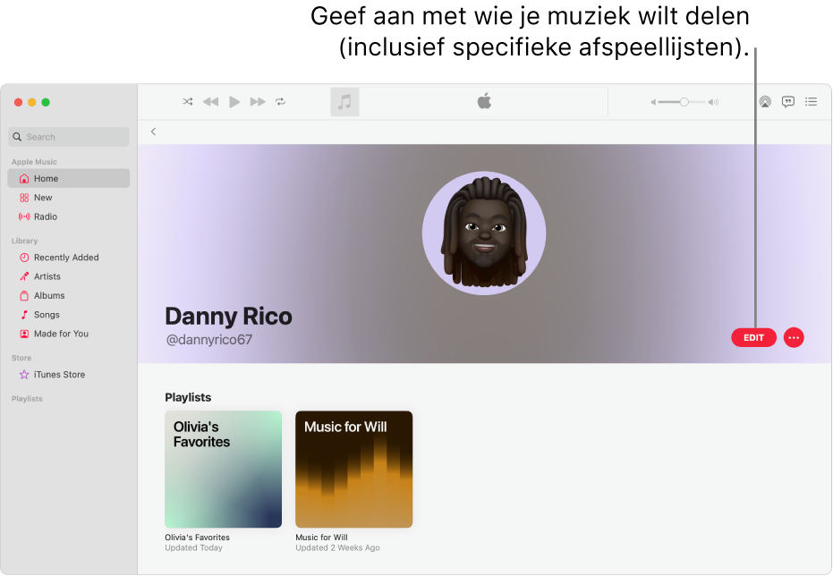 De profielpagina in Apple Music: klik rechts in het venster op 'Bewerk' om aan te geven wie je kan volgen. Klik rechts naast 'Bewerk' op de knop 'Meer' als je je muziek wilt delen.