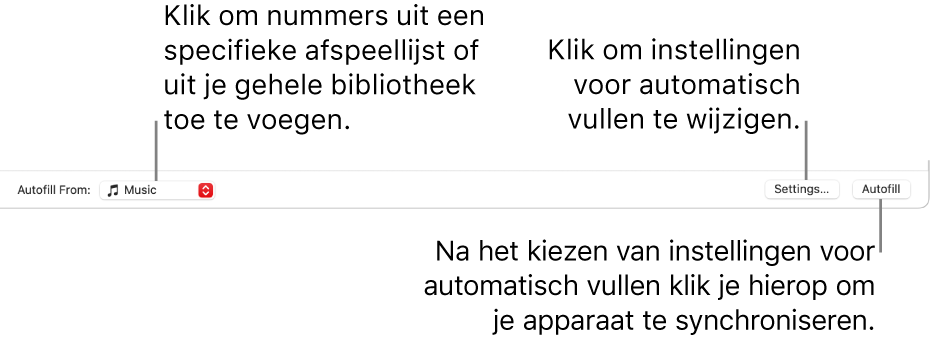 De opties voor 'Vul automatisch' onder in het venster 'Muziek'. Helemaal links zie je het pop‑upmenu 'Vul automatisch vanuit', waarin je kunt aangeven of je nummers uit een afspeellijst of uit je gehele bibliotheek wilt toevoegen. Helemaal rechts zie je twee knoppen: 'Instellingen', waarmee je verschillende opties voor automatisch vullen kunt wijzigen, en 'Vul automatisch'. Als je op 'Vul automatisch' klikt, wordt je apparaat gevuld met de nummers die aan de criteria voldoen.