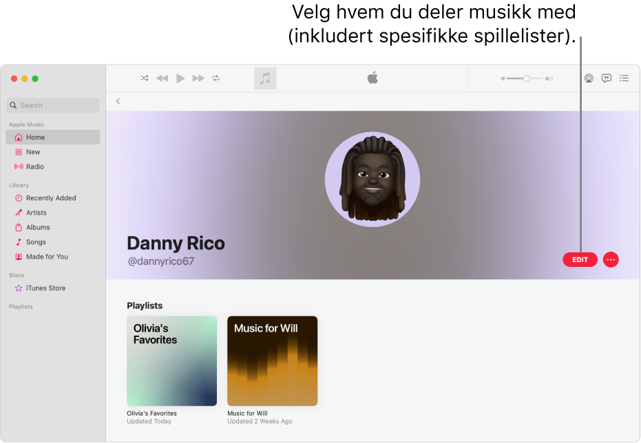 Profilsiden i Apple Music: Klikk på Rediger på høyre side i vinduet for å angi hvem som kan følge deg. Klikk på Mer-knappen til høyre for Rediger for å dele musikk.