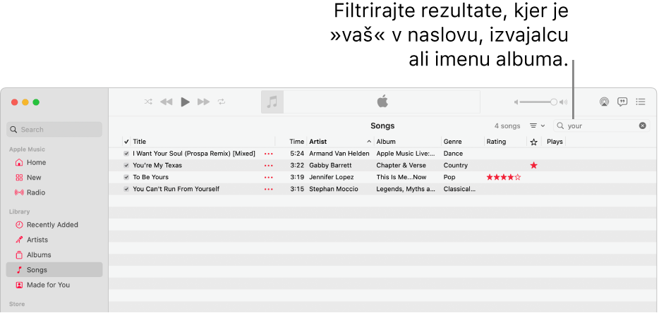 Okno storitve Apple Music, ki prikazuje seznam skladb po vnosu besede »vaše« v polje filtra v zgornjem desnem kotu. Skladbe na seznamu vsebujejo besedo »vaše« v naslovu, imenu izvajalca ali imenu albuma.