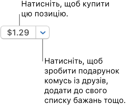 Кнопка, на якій показано ціну. Клацніть ціну, щоб купити елемент. Клацніть стрілку біля ціни, щоб подарувати елемент другові, додати його до списку бажань тощо.