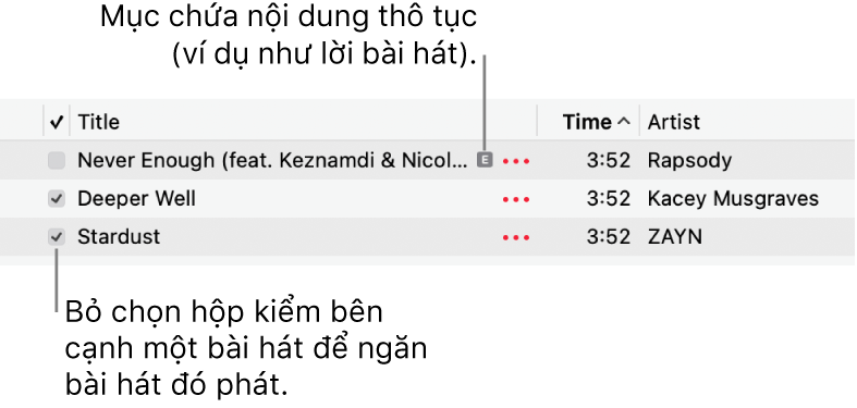 Chi tiết của danh sách bài hát trong Nhạc, đang hiển thị các hộp kiểm và biểu tượng thô tục cho bài hát đầu tiên (cho biết bài hát đó có nội dung thô tục, ví dụ như lời bài hát). Bỏ chọn hộp kiểm bên cạnh một bài hát để ngăn bài hát đó phát.