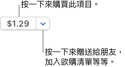 顯示價格的按鈕。按一下價格來購買項目。按一下價格旁邊的箭頭來送禮給朋友、加入欲購清單，以及進行其他操作。