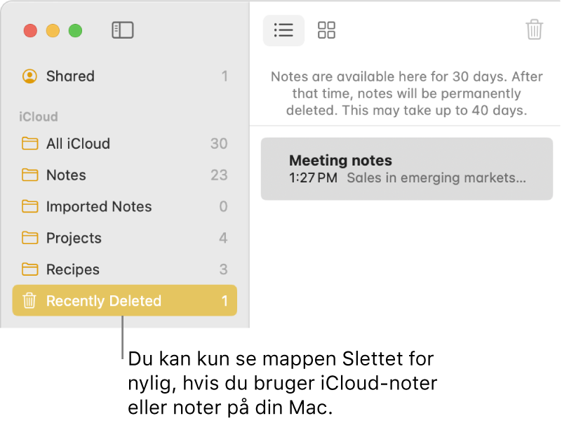 Vinduet Noter med mappen Slettet for nylig i indholdsoversigten og en note, der er slettet for nylig. Du kan kun se mappen Slettet for nylig, hvis du bruger iCloud-noter eller noter på din Mac.