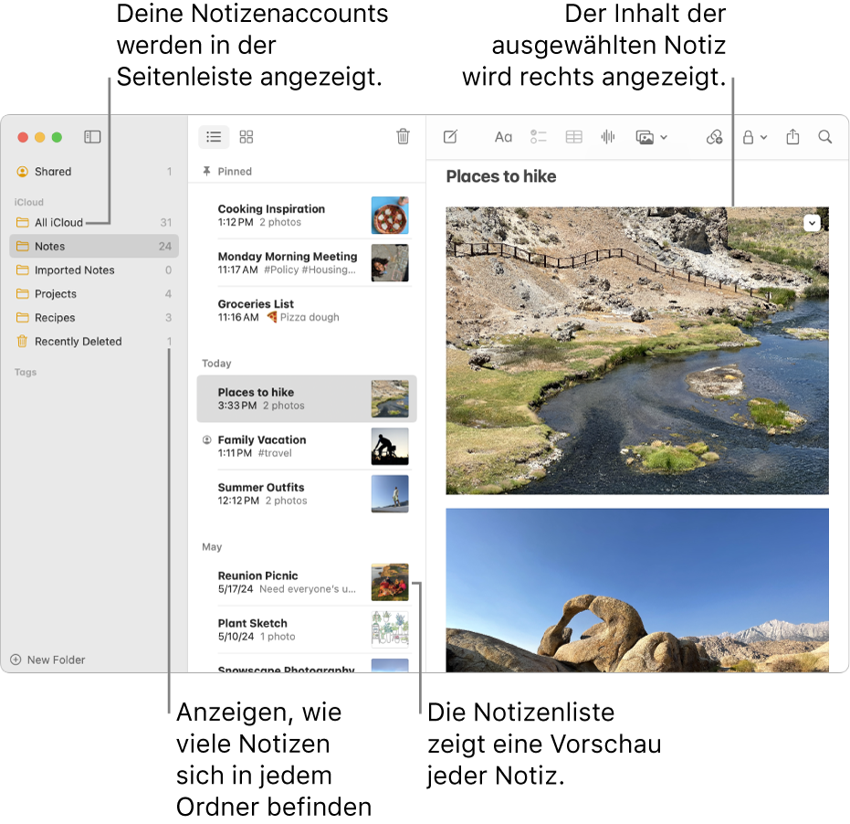 Das Fenster der App „Notizen“ auf dem Mac, mit allen konfigurierten Accounts und Ordnern in der Seitenleiste links, mit einer Liste von Notizen inklusive einer Vorschau jeder Notiz in der Mitte und dem Inhalt der aktuell ausgewählten Notiz rechts. Neben jedem Ordner wird die Anzahl der darin enthaltenen Notizen angezeigt.