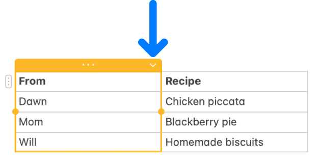 A table showing the down arrow for the column — click it to add or delete a column.