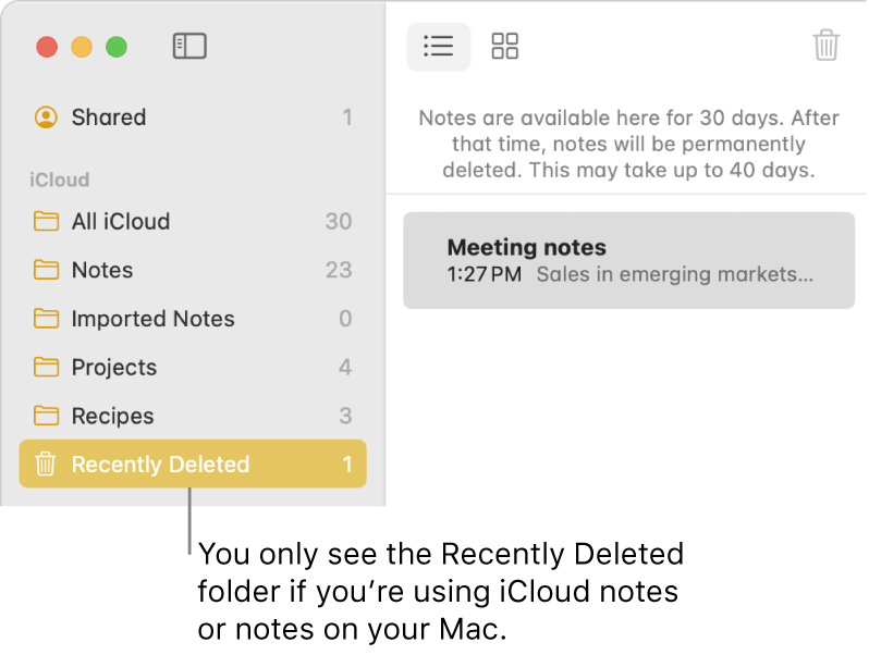 The Notes window with the Recently Deleted folder in the sidebar and a recently deleted note. You only see the Recently Deleted folder if you’re using iCloud notes or notes on your Mac.