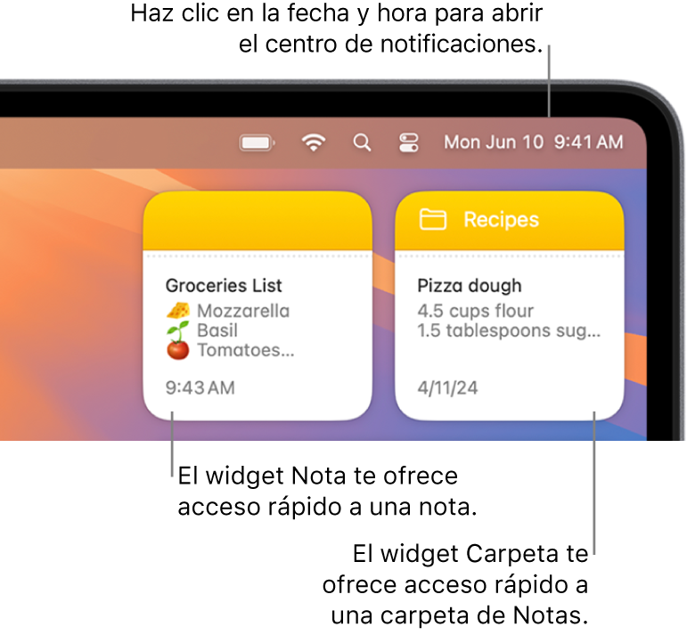 Dos widgets de Notas: el widget Carpeta muestra una carpeta en Notas y el widget Notas muestra una nota. Haz clic en la fecha y la hora en la barra de menús para abrir el centro de notificaciones.