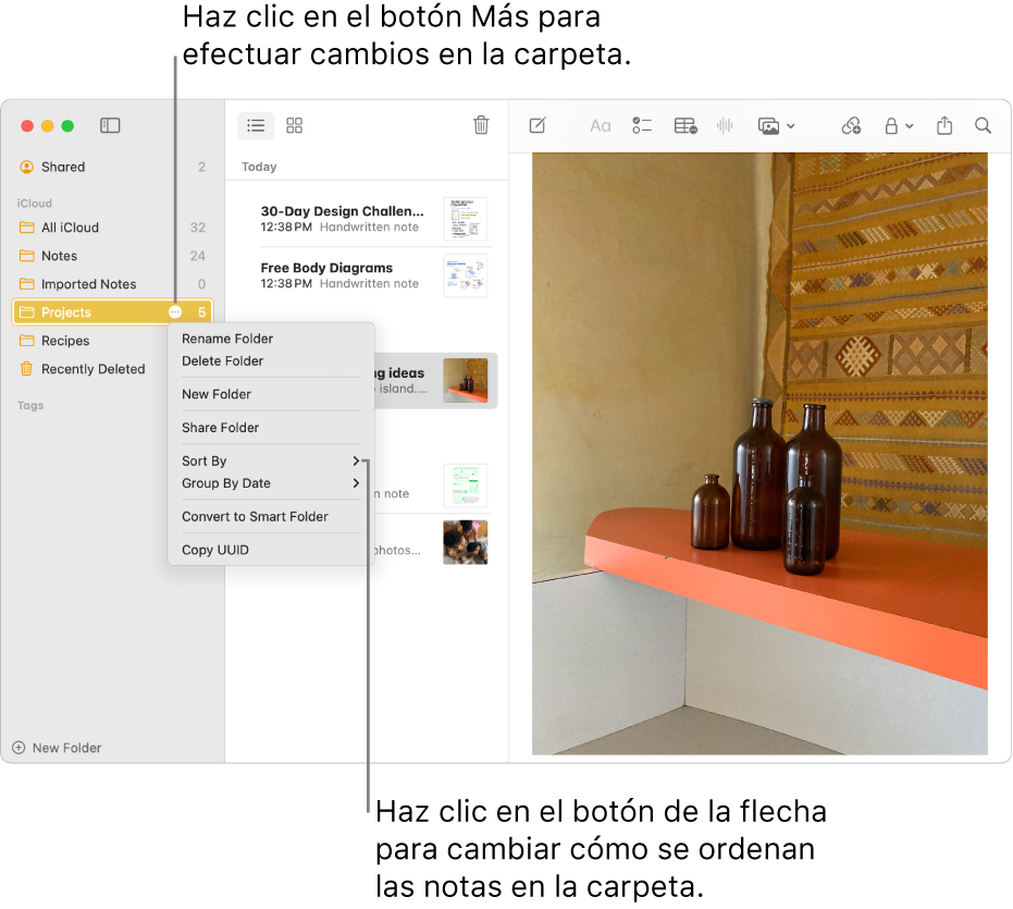 Ventana de la app Notas del Mac con una carpeta en la barra lateral que muestra el botón Más, que permite hacer cambios en una carpeta. Sobre la lista de notas que hay en el medio está la opción de clasificación, que cambia el orden de las notas (haz clic en la flecha para seleccionar un orden diferente).