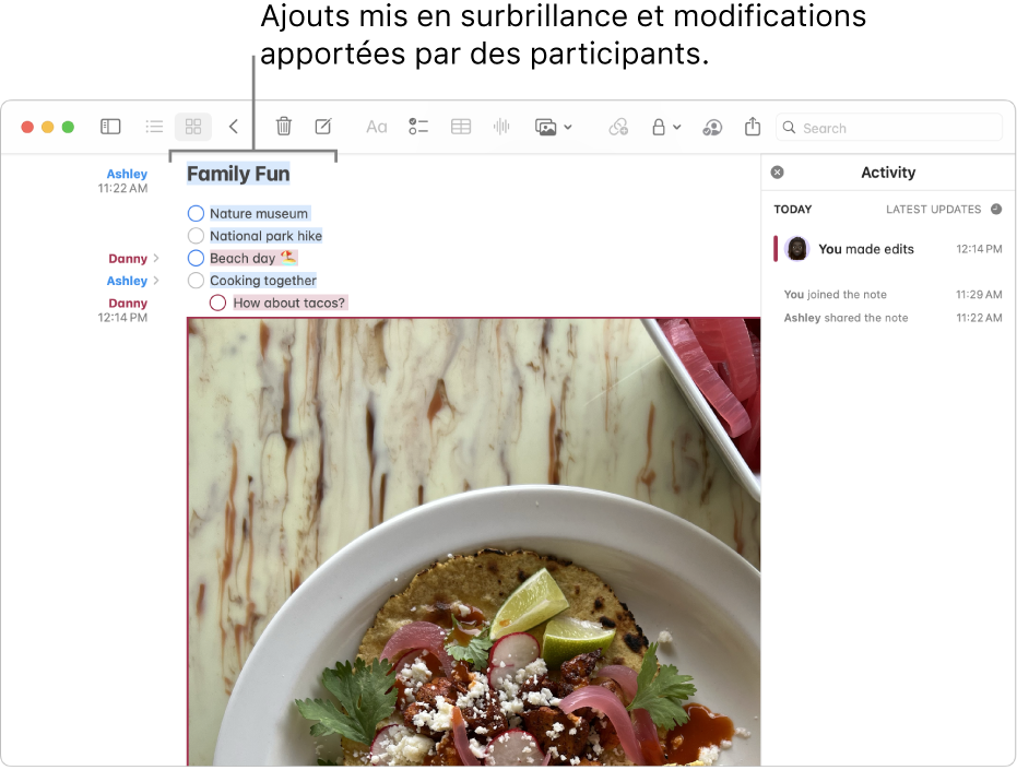 Une note avec une liste de pointage contenant une liste d’activités en famille. Les modifications apportées par d’autres participants sont mises en surbrillance.
