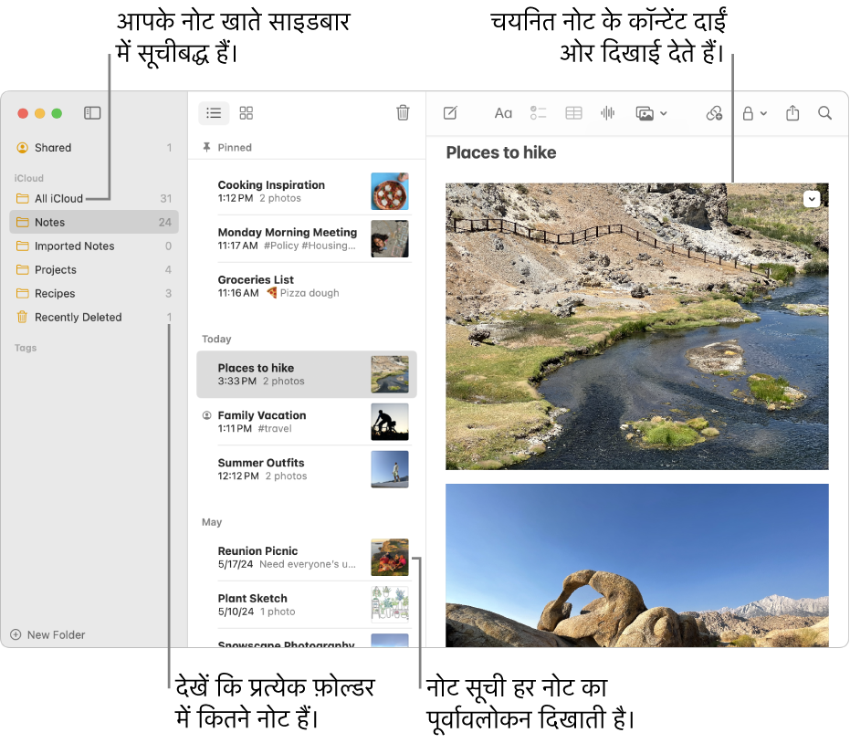 बाईं ओर साइडबार में सूचीबद्ध आपके सभी कॉन्फ़िगर किए हुए खातों और फ़ोल्डर के साथ Mac पर नोट्स ऐप विंडो, मध्य में नोट्स की सूची जिसमें प्रत्येक नोट का प्रीव्यू दिख रहा है और चयनित नोट का दाईं ओर दिखने वाले कॉन्टेंट। नोट्स की संख्या उसके सामने ही प्रदर्शित होती है।