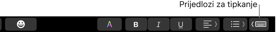 Touch Bar, s tipkom koja prikazuje prijedloge za tipkanje na desnom kraju.