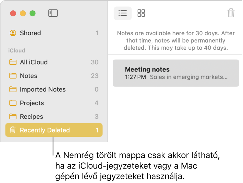 A Jegyzetek ablaka, az oldalsávon a Nemrég törölt mappa, egy nemrég törölt jegyzettel. A Nemrég törölt mappa csak akkor látható ha az iCloud-jegyzeteket vagy a Mac Jegyzetek appját használja.