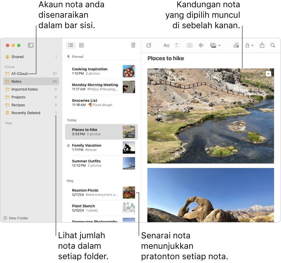 Tetingkap app Nota pada Mac dengan semua akaun dan folder dikonfigurasikan anda disenaraikan dalam bar sisi di sebelah kanan, senarai nota di tengah menunjukkan pratonton setiap nota dan kandungan nota dipilih kelihatan di sebelah kanan. Bilangan nota yang muncul di sebelah setiap folder.