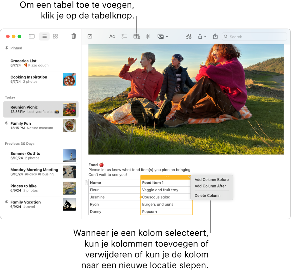Het Notities-venster met de tabelknop. Klik daarop om een tabel toe te voegen. In de notitie wordt een tabelkolom geselecteerd zodat je kolommen kunt toevoegen of verwijderen of de kolom naar een nieuwe locatie kunt slepen.