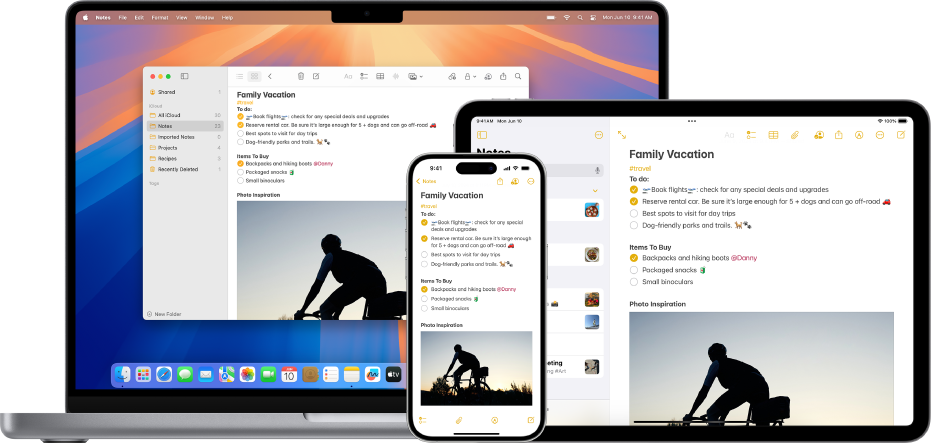 Et Notater-appvindu på en Mac og en iPad viser samme notat fra iCloud.