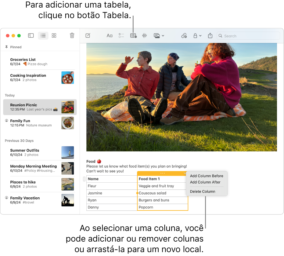 Janela do Notas mostrando o botão Tabela. Clique no botão para adicionar uma tabela. Dentro do conteúdo de uma nota, uma coluna de tabela é selecionada, sendo possível tanto adicionar como remover colunas ou arrastá-las para um novo local.