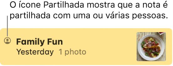 Uma nota que foi partilhada com outras pessoas, com o ícone de Partilha à esquerda do nome da nota.