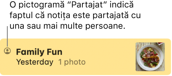 O notiță care a fost partajată cu alte persoane, cu pictograma Partajat în stânga numelui notiței.