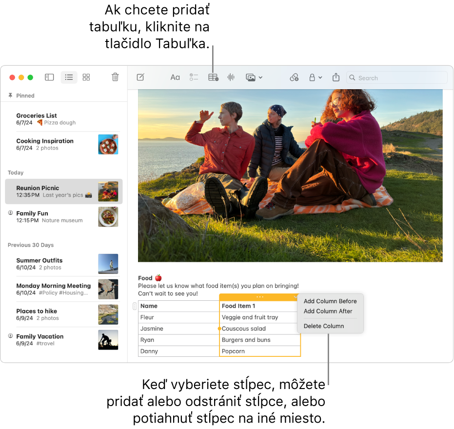 Okno apky Poznámky zobrazujúce tlačidlo Tabuľka - kliknutím sa pridá tabuľka. V obsahu poznámky je označený stĺpec tabuľky, takže môžete stĺpce buď pridať alebo odstrániť, prípadne ich potiahnuť na nové miesto.