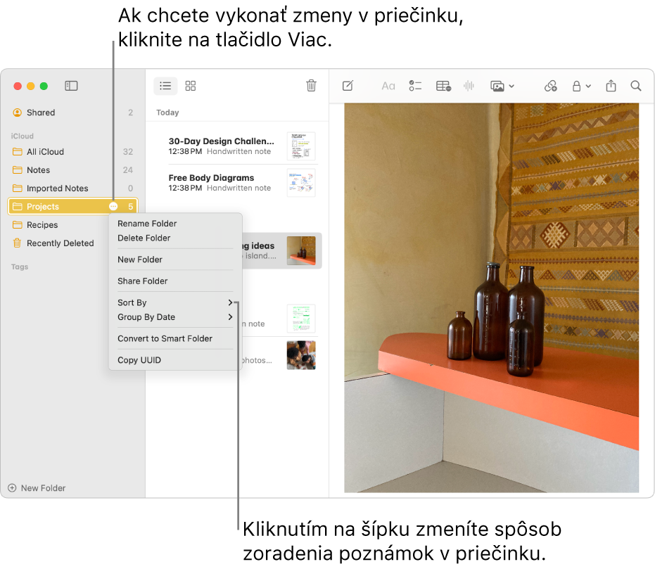 Okno apky Poznámky na Macu s jedným priečinkom v postrannom paneli znázorňujúce tlačidlo Viac, kde môžete vykonávať zmeny v priečinku. Nad zoznamom priečinkov v strede sa nachádza možnosť zoradenia, s ktorou môžete zmeniť poradie poznámok. Kliknutím na šípku vyberte iné zoradenie.