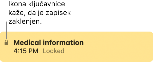 Zaklenjen zapisek z ikono ključavnice na skrajni levi strani.