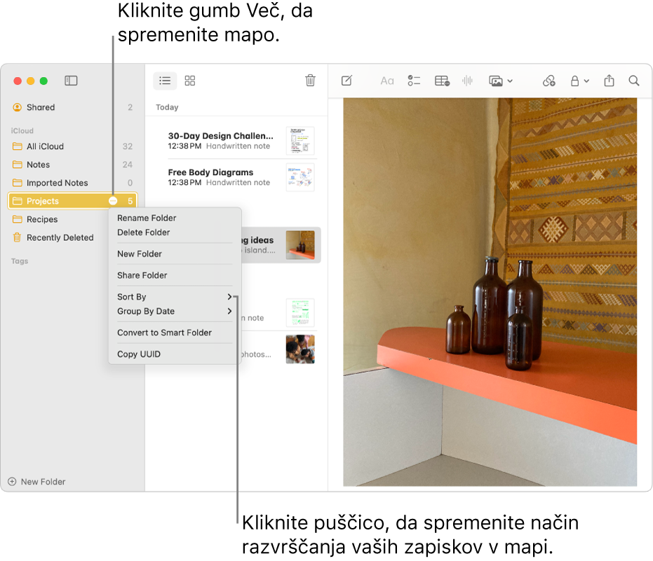 Okno aplikacije Zapiski v Macu z mapo v stranski vrstici, ki prikazuje gumb za več možnosti in omogoča uveljavljanje sprememb za mapo. Nad seznamom zapiskov na sredini je možnost razvrščanja, ki spremeni vrstni red zapiskov – kliknite puščico, da izberete drugačen vrstni red razvrščanja.